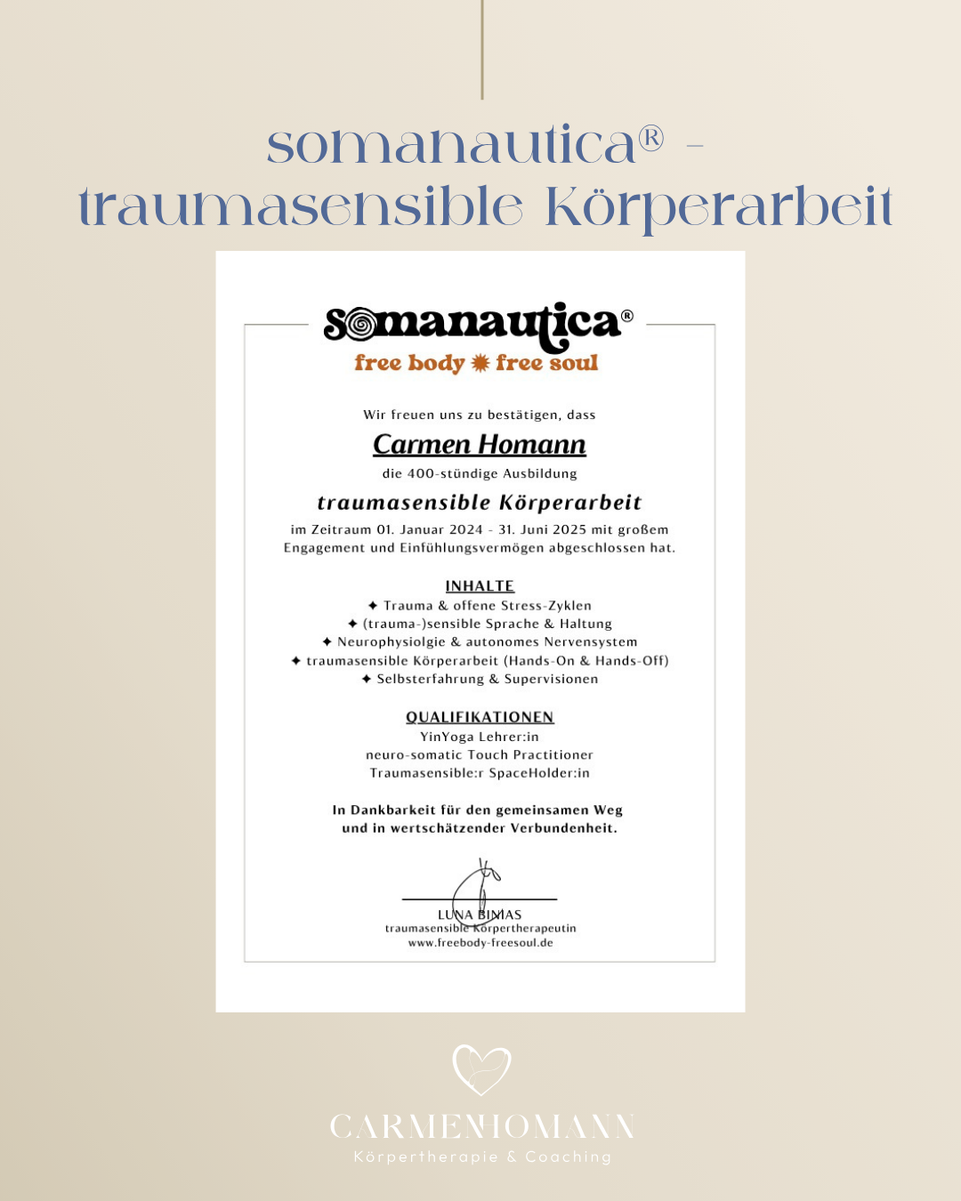 Carmen Homann Körpertherapie und Coaching Zertifikat Ausbildung